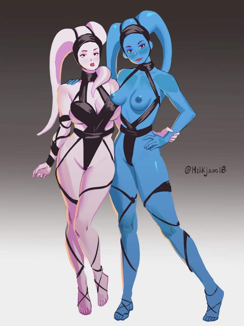 2girls blue_skin dancer harem harem_girl harem_outfit headwear lavender_skin looking_at_viewer lyn_me medium_breasts milkjam perky_breasts slave slave_outfit slavegirl star_wars text twi'lek