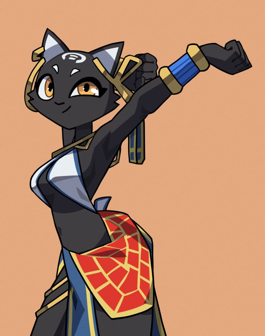 1girls 2023 black_body breasts cheek_tuft cute ear_piercing earrings egyptian_clothes feline female female_only furry furry_only hazel_eyes medium_breasts navel nulia simple_background stretching tarahe wholesome