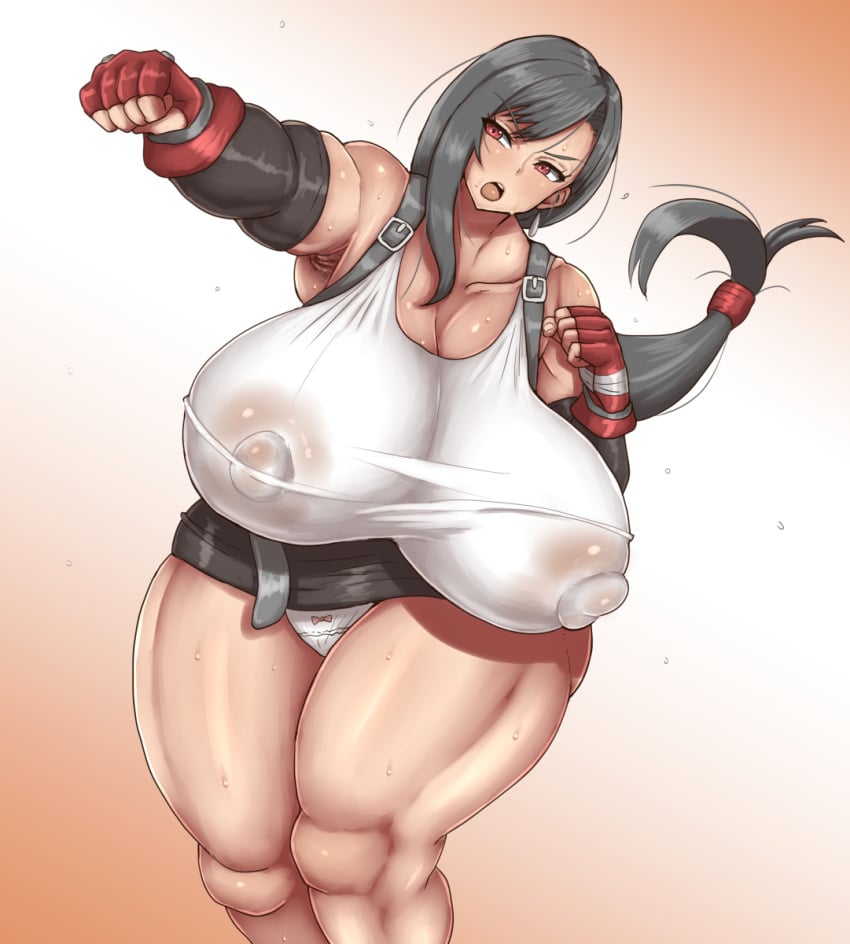 1girls 2020s 2023 2d 2d_(artwork) armpit_hair belt big_breasts black_skirt breasts earrings female female_focus female_only final_fantasy final_fantasy_vii giant_nipples gloves hi_res high_quality high_resolution highres huge_breasts long_hair miniskirt muscular_female over_1080p panties ponkotsuu ponytail punching red_eyes red_gloves see_through_shirt skirt_lift skort solo solo_female solo_focus suspenders sweat sweaty tank_top tifa_lockhart upskirt venus_body white_panties white_tank_top