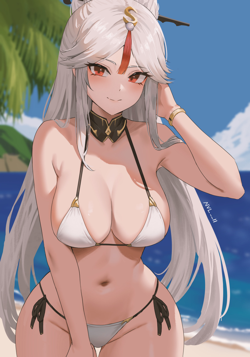 1girls beach bikini breasts genshin_impact large_breasts long_hair looking_at_viewer ningguang_(genshin_impact) nvl smile solo swimwear wide_hips