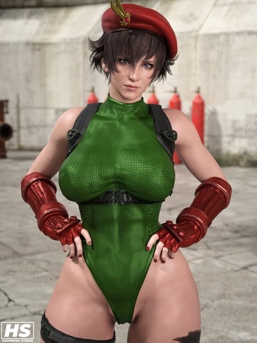 1girls 3d beret big_breasts brown_hair cammy_white_(cosplay) capcom cosplay exposed_thighs female female_only fiorayne gloves hagiwara_studio hat leotard monster_hunter monster_hunter_rise purple_eyes red_nails short_hair solo solo_female street_fighter tagme thick_thighs tight_clothing tight_fit