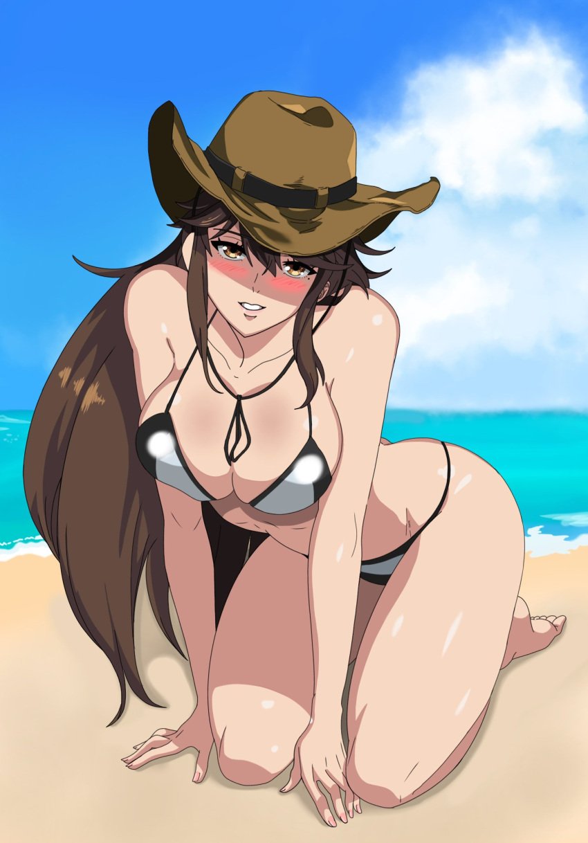 1girls beach big_breasts bikini blush brown_hair cowboy_hat krypto-san kyochuu_rettou long_hair oribe_mutsumi the_island_of_giant_insects yellow_eyes