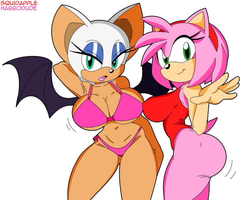 2girls amy_rose anthro armpits bat bat_ears bat_wings big_breasts bikini bikini_bottom bikini_top female female_only gloves green_eyes habbodude large_breasts looking_at_viewer navel pink_body pink_fur pink_hair rouge_the_bat sonic_(series) sonic_the_hedgehog_(series) squidapple swimwear tan_body tan_skin thick_thighs thighs white_gloves wide_hips