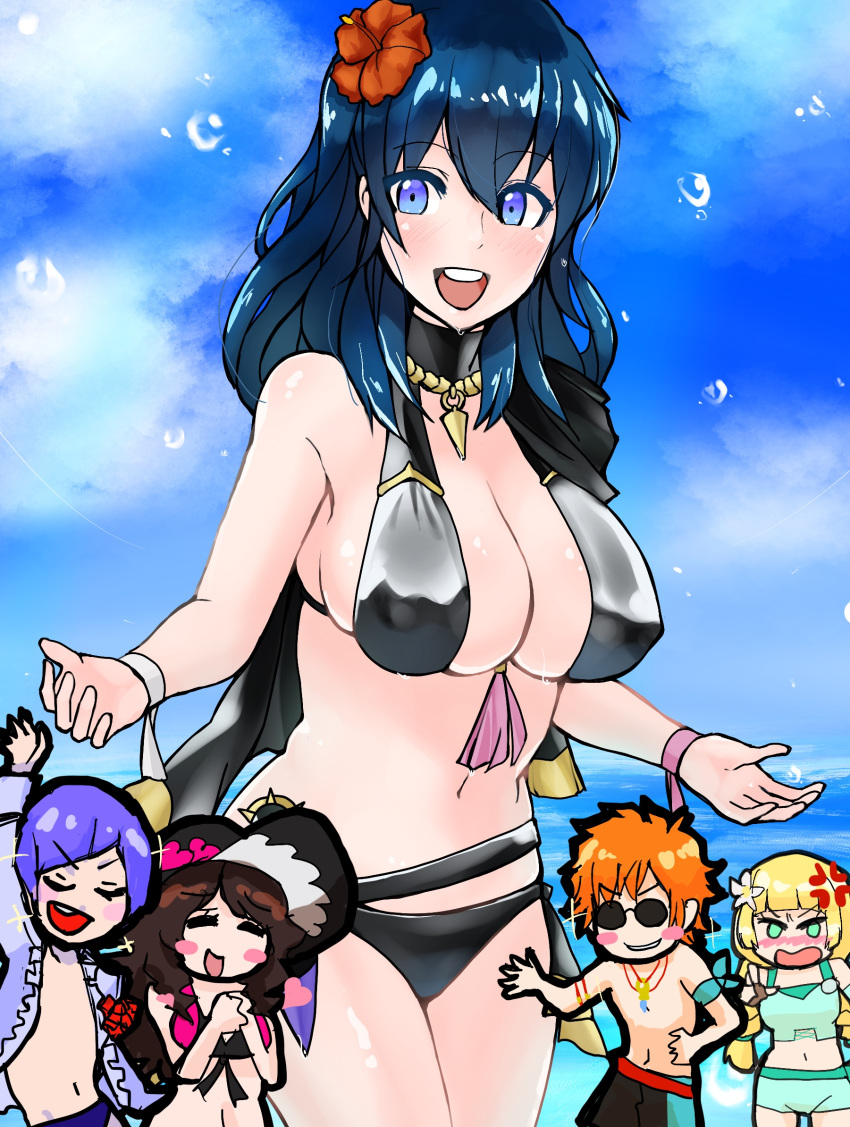 2boys 3girls alternate_costume bare_thighs bikini black_bikini black_swimsuit blue_eyes breasts byleth_(fire_emblem) byleth_(fire_emblem)_(female) chibi cleavage covered_nipples dorothea_arnault female female_focus fire_emblem fire_emblem:_three_houses fire_emblem_heroes flower glasses green_bikini hair_flower hat ingrid_brandl_galatea knife knife_sheath large_breasts looking_at_viewer lorenz_hellman_gloucester medium_hair multiple_boys multiple_girls nintendo official_alternate_costume open_mouth outdoors sideboob smile solo_focus sun_hat swimsuit swimwear sylvain_jose_gautier teal_hair tetsuji_(i_ttj_f_c) thighs