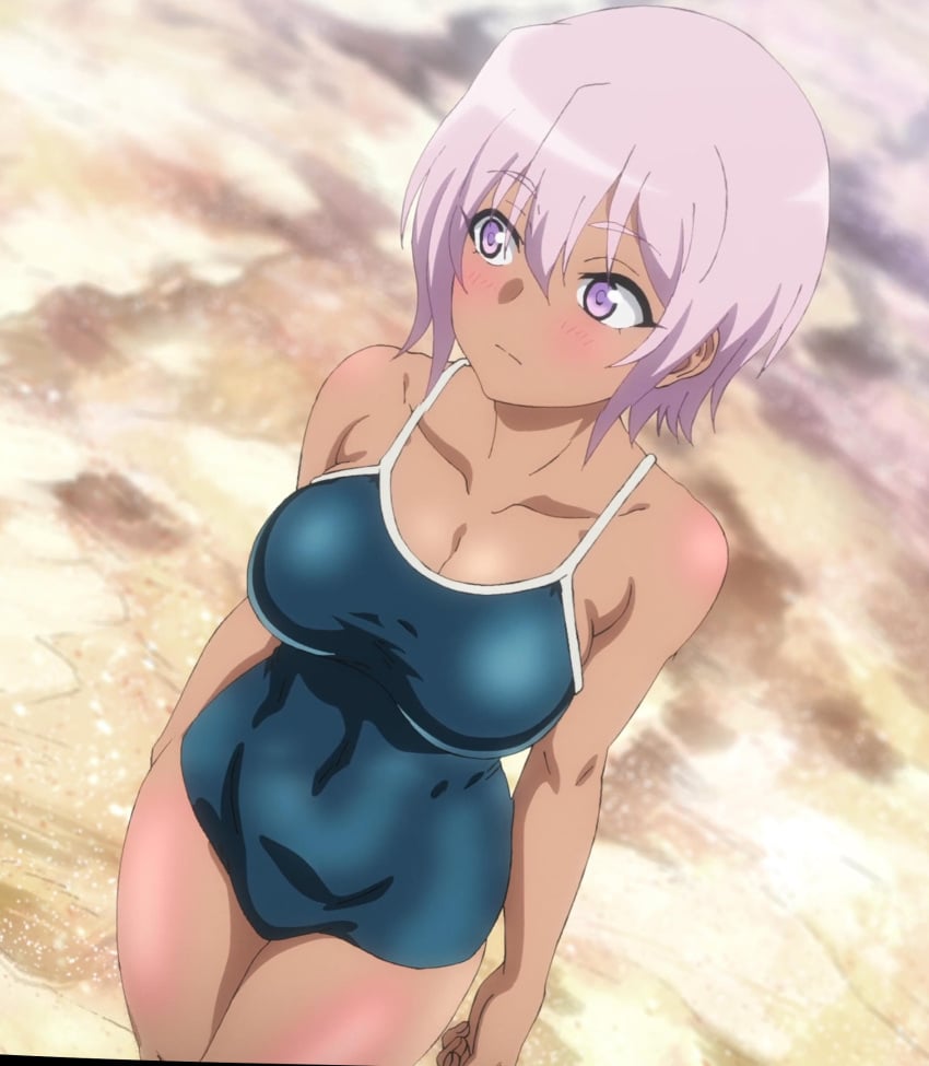 1girls accurate_art_style breasts isekai_one_turn_kill_neesan:_ane_douhan_no_isekai_seikatsu_hajimemashita medium_breasts medium_hair one-piece_swimsuit purple_eyes screencap sunburn swimsuit tagme tanya_(my_one_hit_kill_sister)