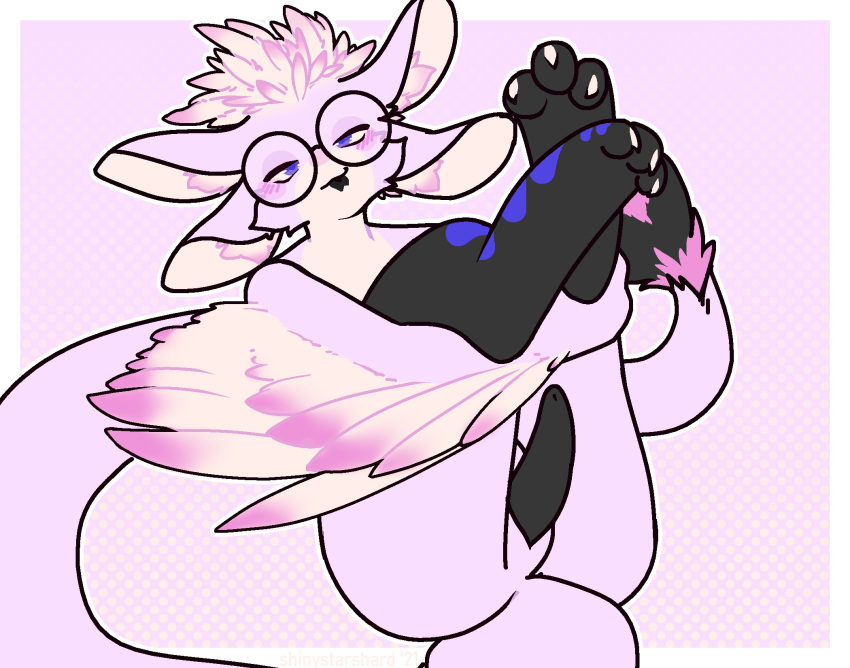 3_toes anthro ass avali avian blep blush expressions eyewear feathers feet full-length_portrait genitals glasses hi_res kerolink male penis pink_body pinup portrait pose presenting presenting_hindquarters purple_eyes shinystarshard solo tail toes tongue tongue_out