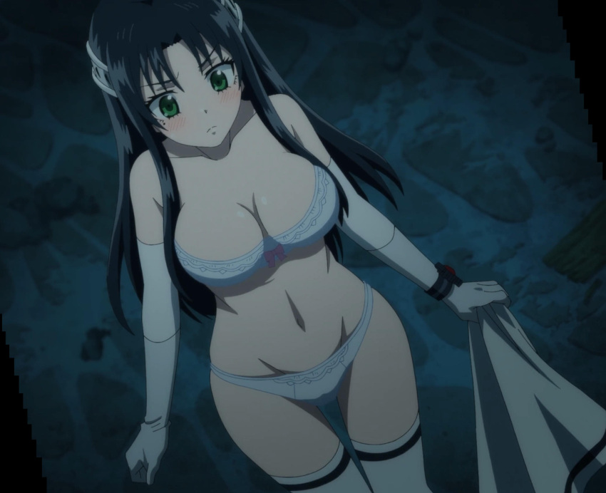 2023 artist_request black_hair bra breasts embarrassed euf green_eyes hips lidenfilms long_hair marguerite_farom medium_breasts panties screencap stitched thighhighs thighs tummy yuusha_ga_shinda!