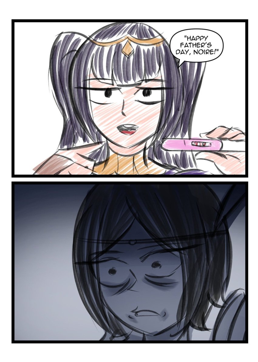 2girls 2koma arktoons colored_sketch dialogue fathers_day fire_emblem fire_emblem_awakening greyscale holidays implied_futanari implied_incest meme mother_and_daughter noire_(fire_emblem) pointing pregnancy_test shocked sketch text tharja_(fire_emblem)