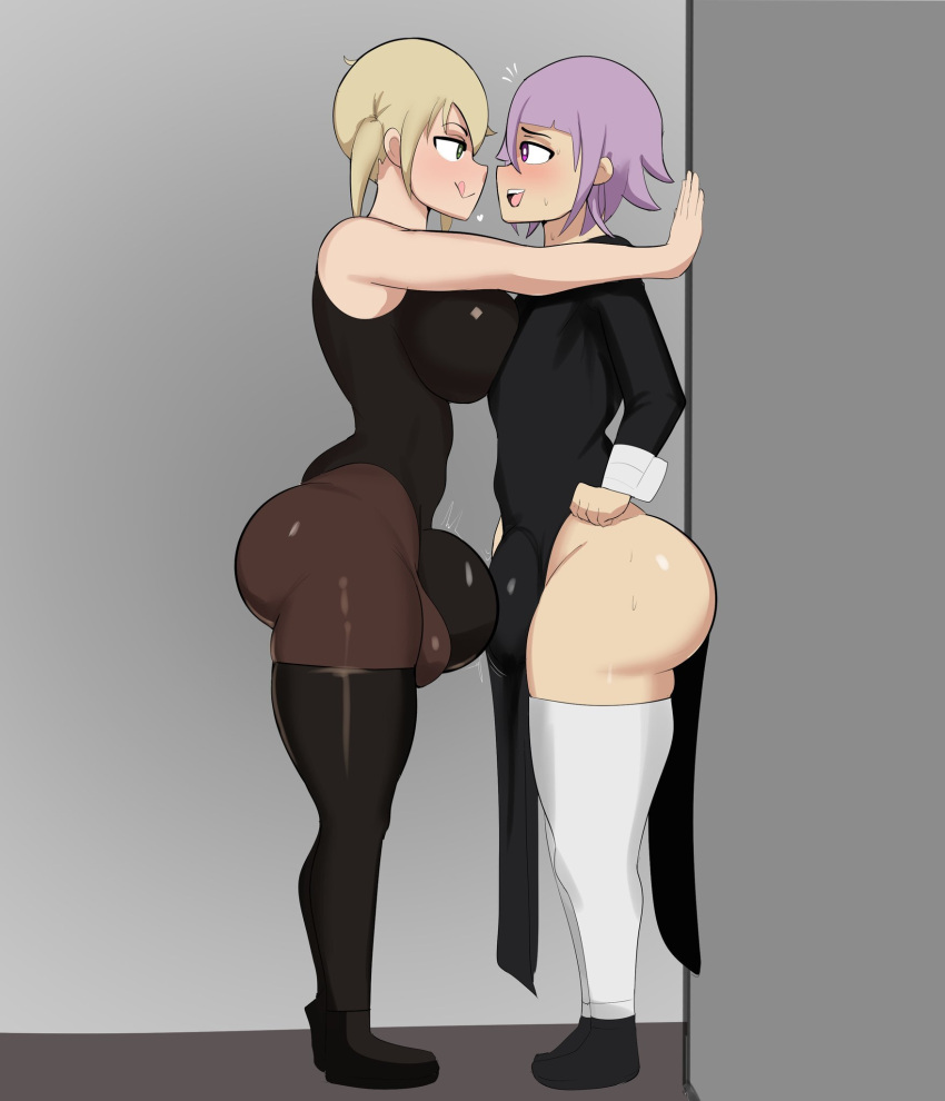 1boy 1futa against_wall balls bangs big_balls big_penis blonde_hair bottom_heavy breasts bulge bulge_frottage bulge_through_clothing clothed clothing crona_(soul_eater) domination dress duo femboy flaccid fully_clothed futa_is_bigger futa_on_femboy futa_on_male futadom futanari g3mma human latex leotard light-skinned_futanari light-skinned_male light_skin maka_albarn male pelvic_curtain penis pinned pinned_to_wall short_hair side_view soul_eater standing thick_thighs thighhighs wide_hips