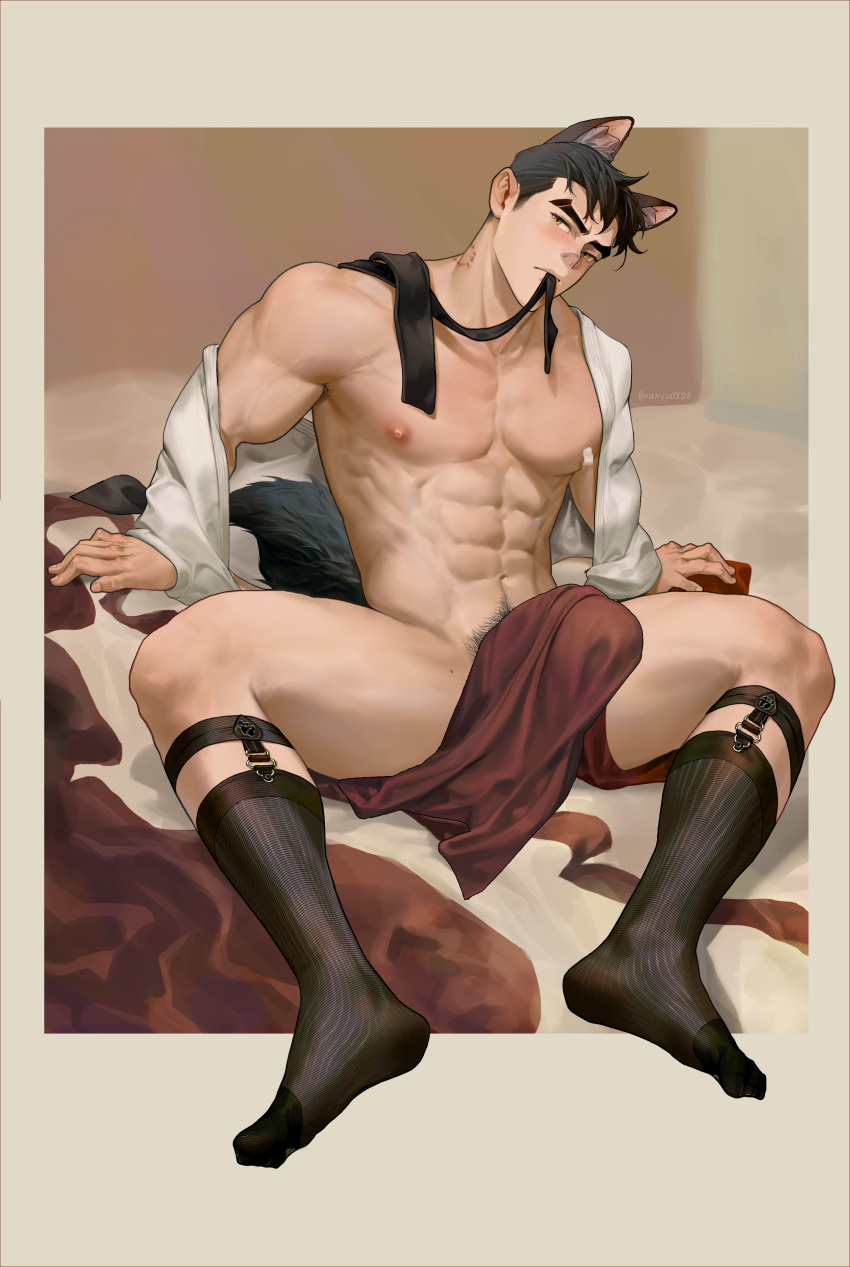 1boy abs absurdres animal_ears bara bare_pectorals bite_mark black_hair bulge covering covering_crotch dog_boy dog_ears dog_tail erection erection_under_clothes highres large_pectorals legwear_garter male_focus muscular muscular_male nanyu1998 navel necktie nipples open_clothes open_shirt original pectorals shirt short_hair socks solo tail thick_thighs thighs undone_necktie white_shirt