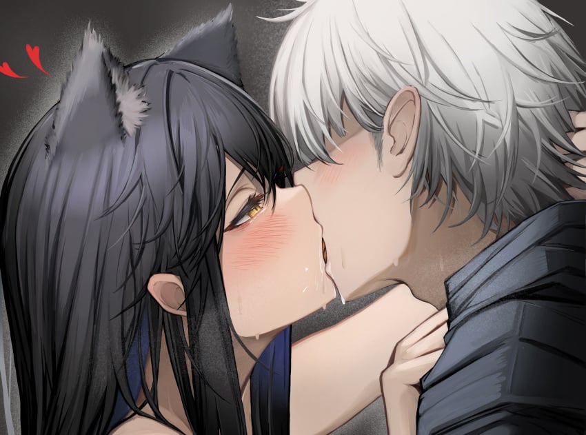 1boy 1boy1girl 1girls 2023 animal_ears arknights black_hair blush doctor_(arknights) hi_res kemonomimi kissing light-skinned_female light_skin tab_head texas_(arknights) texas_the_omertosa_(arknights) white_hair wolf_ears wolf_girl yellow_eyes