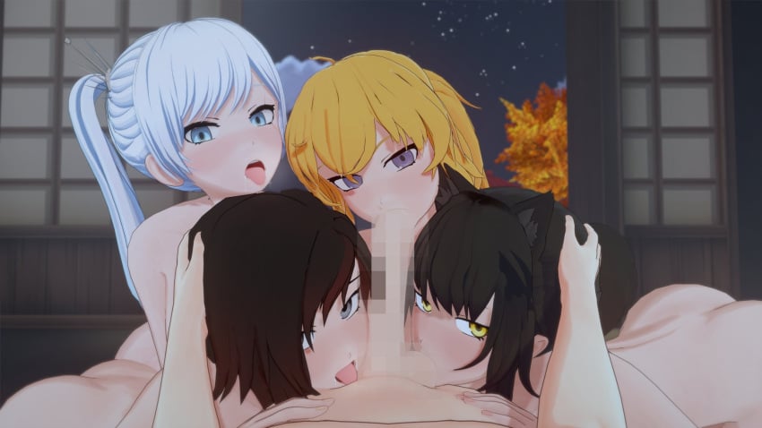 1boy 3d 4girls blake_belladonna blowjob censored collaborative_fellatio eye_contact female koikatsu koikatsu! koikatu looking_at_viewer male mosaic_censoring nude nyxxzeiss pov ruby_rose rwby triple_fellatio weiss_schnee yang_xiao_long