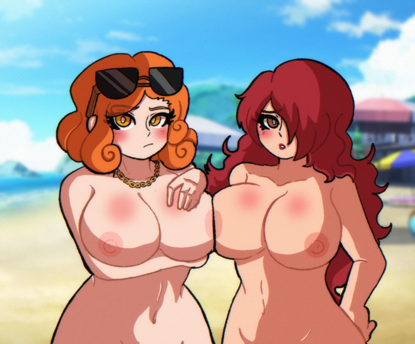 2girls alternate_version_available areolae beach big_breasts blush breasts crossover danganronpa danganronpa_another fanganronpa female_only flower lewdscrap lipstick long_hair medium_hair mekaru_rei mitsuru_kirijo multiple_girls naked necklace nipples orange_eyes orange_hair persona persona_3 pressing_breasts_together red_eyes red_hair sdra2 straight_hair sunglasses super_danganronpa_another_2 swimsuit