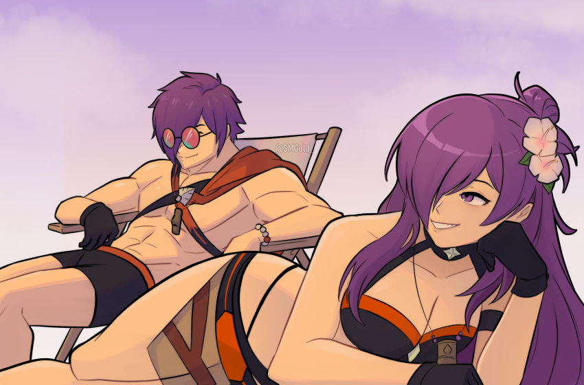 1boy 1girls absurdres alternate_costume beach_chair bikini black_bikini black_swimsuit breasts cleavage dual_persona female female fire_emblem fire_emblem:_three_houses fire_emblem_heroes fire_emblem_warriors:_three_hopes highres large_breasts lying male male_swimwear multiple_persona official_alternate_costume on_side purple_hair reclining shez_(female)_(fire_emblem) shez_(female)_(summer)_(fire_emblem) shez_(fire_emblem) shez_(male)_(fire_emblem) shez_(male)_(summer)_(fire_emblem) smgold smile sunglasses swim_trunks swimsuit