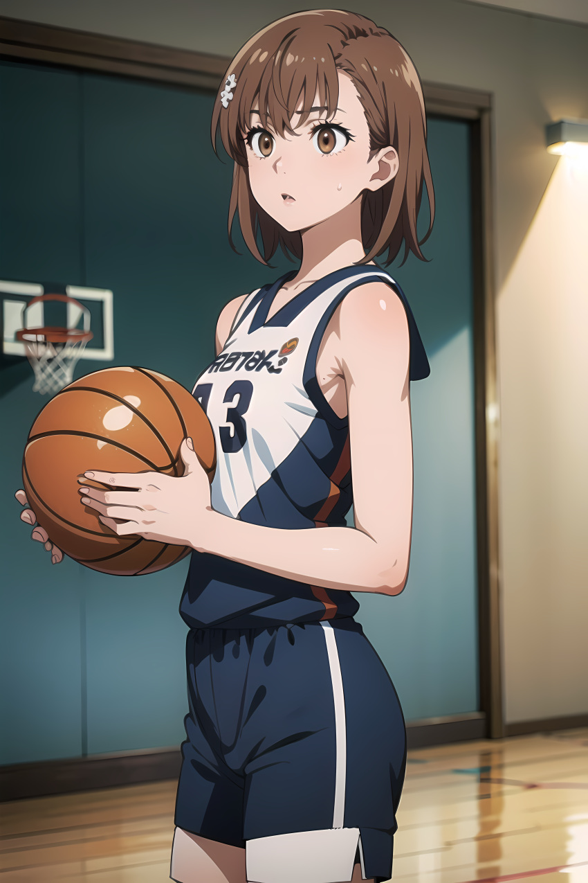 ai_generated basketball brown_eyes brown_hair clothing gym gym_uniform holding_basketball misaka_mikoto no_bra open_mouth short_hair shorts standing to_aru_kagaku_no_railgun to_aru_majutsu_no_index