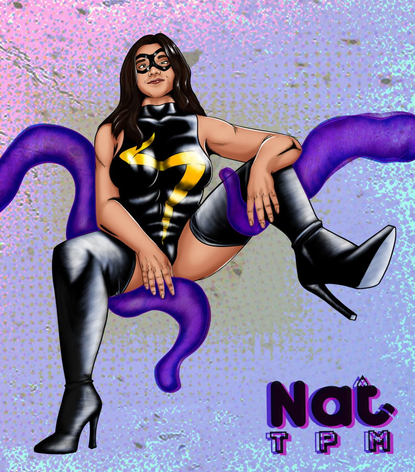 1girls domino_mask eye_mask female female_only high_heel_boots high_heels iman_vellani kamala_khan leotard marvel marvel_cinematic_universe marvel_comics ms._marvel_(carol_danvers)_(cosplay) muslim_female nat_tpm pakistani_female solo tentacle thigh_boots