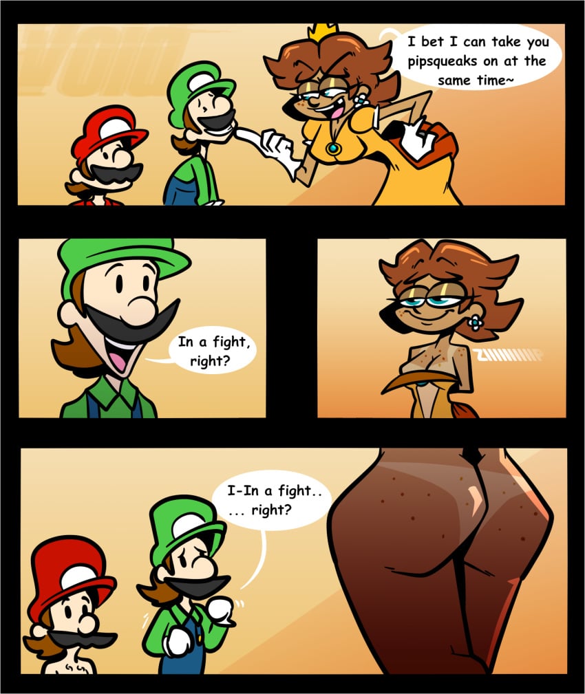 1girls 2boys 4koma ass_freckles big_ass big_breasts breast_freckles comedy comic dialogue english_text female for_the_better_right? freckles freckles_on_ass freckles_on_breasts freckles_on_face funny green_eyes humor luigi male mario mario_(series) meme multiple_boys nintendo princess_daisy speech_bubble stripping tagme tan_body tanline text undressing video_games voidsdroids