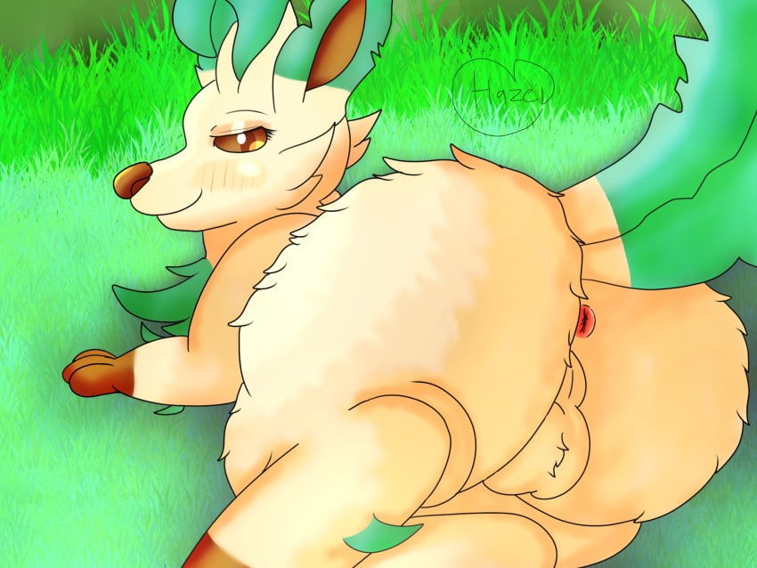 anus ass backsack balls bedroom_eyes big_butt eeveelution eyelashes feral fur generation_4_pokemon genitals girly grass green_body green_fur hazelninetales hi_res leafeon looking_at_viewer lying male narrowed_eyes nintendo on_side pink_anus plant pokemon pokemon_(species) rear_view seductive solo tan_body tan_fur