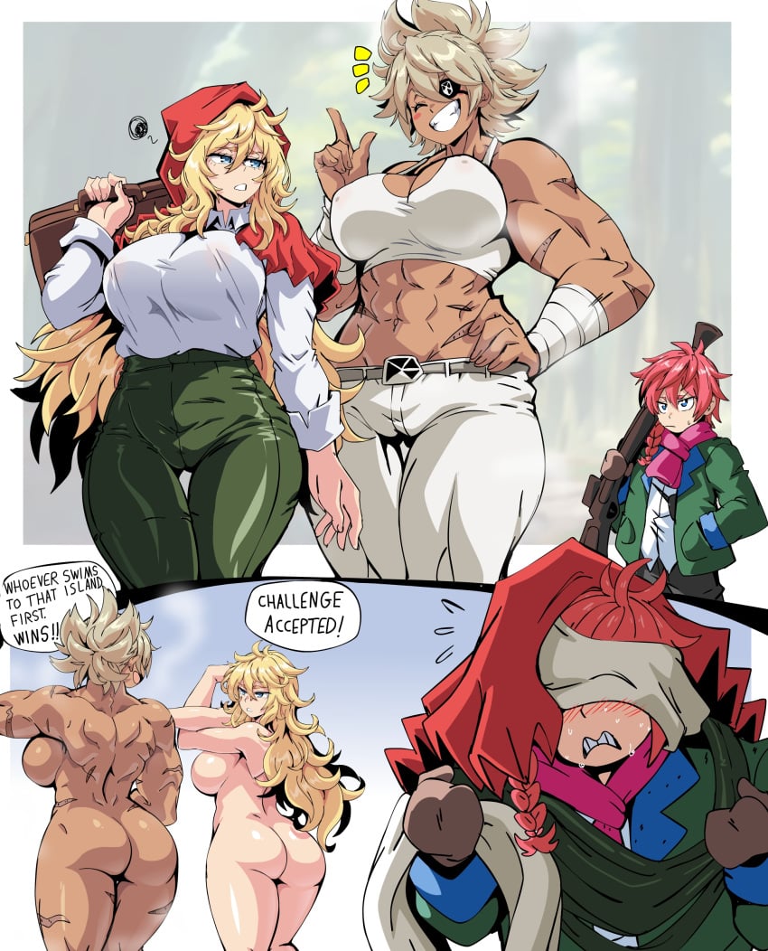 2girls blonde_hair dark-skinned_female dark_skin debonair_diamond grimm grimm_(red_hood) lewdamone multiple_girls muscular muscular_female size_difference smaller_male taller_female taller_girl the_hunters_guild:_red_hood velou