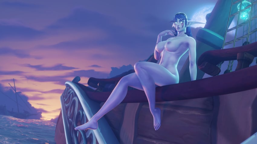 2023 3d barefoot blue_hair elf_ears feet female female_only glowing_eyes mystmantle naked night_elf pointy_ears world_of_warcraft