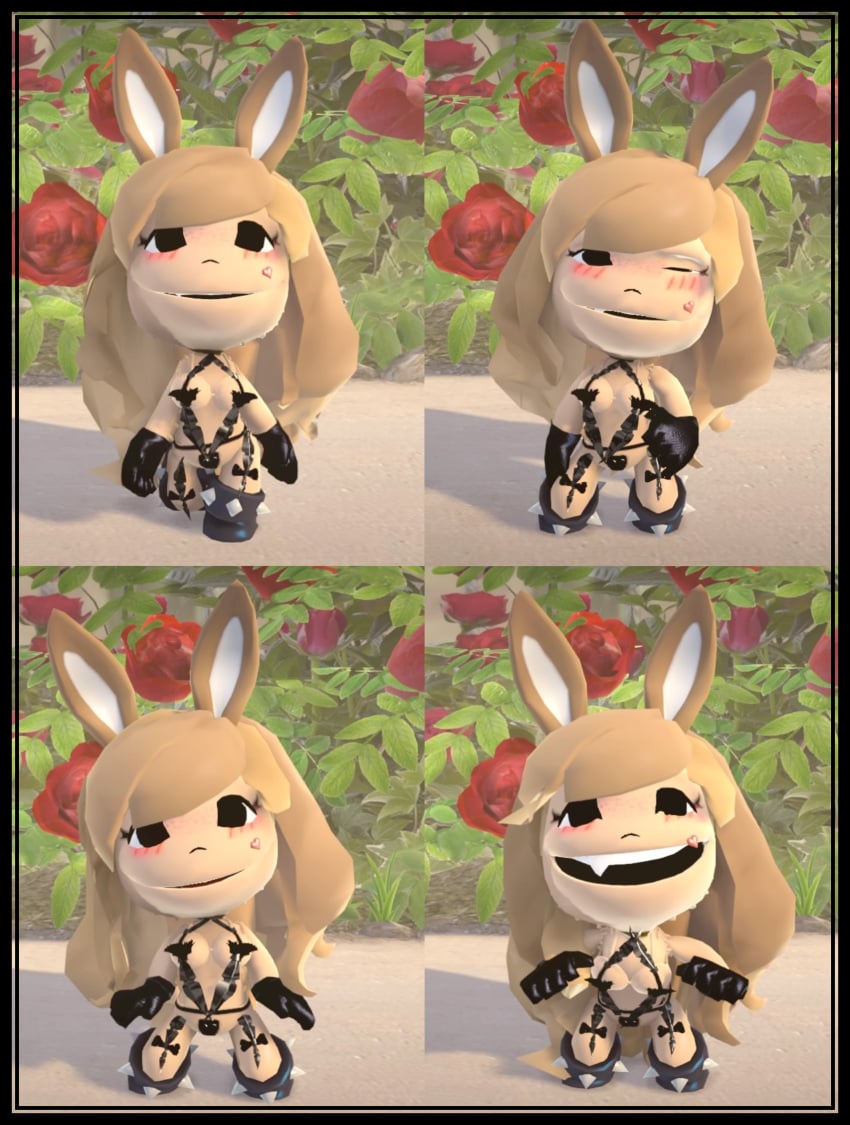 bikini black_bikini black_boots black_eyes black_gloves black_lingerie blush brown_ears brown_hair bunny_ears bunny_girl choker heart_tattoo horny_female large_breasts lbp littlebigplanet littlebigplanet_2 long_hair multiple_views sackboy sackgirl small_bikini spikes