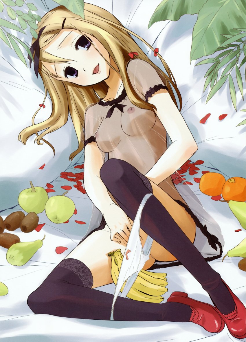 1girls apple areolae banana collarbone kiwifruit lingerie masturbation medium_breasts nipples oranges panties panty_pull pears petals plant ponz see-through sheer tagme thighhighs