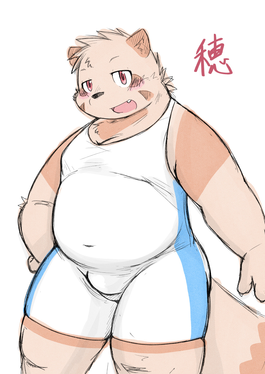 2023 absurd_res anthro bear_2key belly blush brown_body bulge canid canine cute_fangs hi_res kemono male mammal overweight overweight_male raccoon_dog simple_background solo solo_male tanuki wrestling_singlet