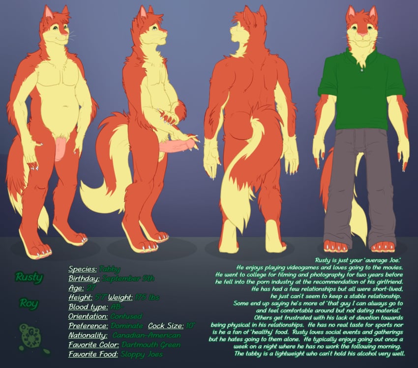 anthro behind_the_lens clothing description domestic_cat erection felid feline felis germees green_clothing green_shirt green_topwear lightdevil male mammal model_sheet rusty_(behind_the_lens) shirt solo topwear turnaround webcomic