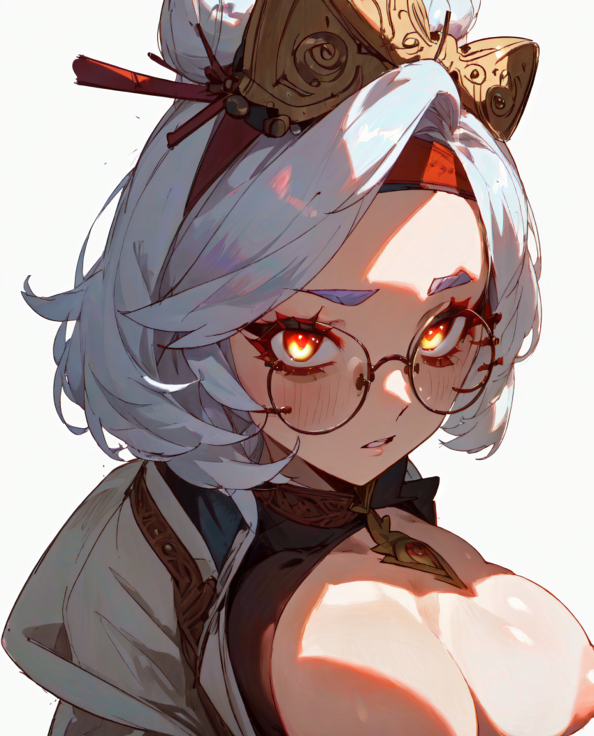 ai_generated breasts glasses looking_at_viewer nipples novennber_ai purah purah_(tears_of_the_kingdom) red_eyes stable_diffusion tagme tears_of_the_kingdom the_legend_of_zelda white_hair