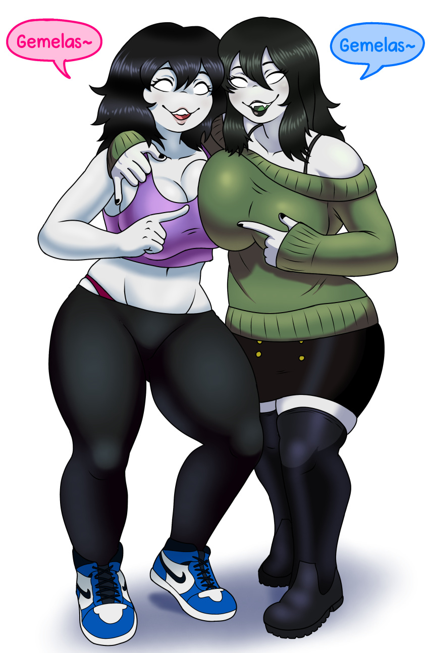 2girls alacela_(glive_18) arm_around_shoulder black_hair creepette_holloway crop_top ghost_live large_breasts leggings oc pointing_at_another side_hug skirt sneakers speech_bubble sweater thigh_boots white_eyes white_skin