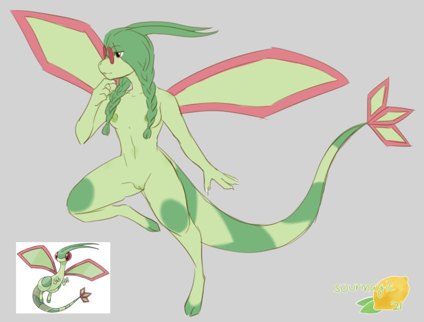 anthro bittervow braided_hair breasts eyewear female flygon flying generation_3_pokemon genitals glasses green_body green_hair green_skin hair markings nintendo nipples nude pokemon pokemon_(species) pussy small_breasts solo sourmagic standing trapthexx