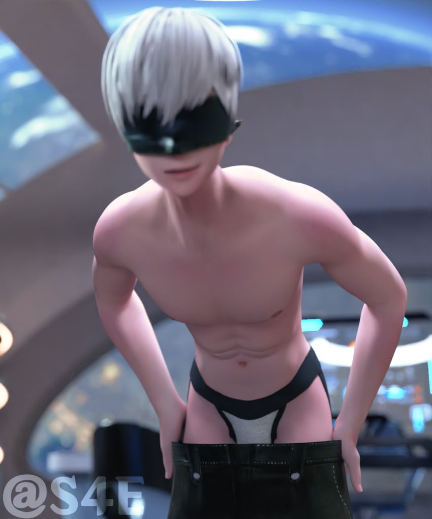 1boy 3d blindfold bulge femboy light-skinned_male light_skin looking_at_viewer male male_focus male_only nier nier:_automata penis_under_clothes pulling_down_pants short_hair sleepi4ever solo trap undressing white_hair yorha_9s