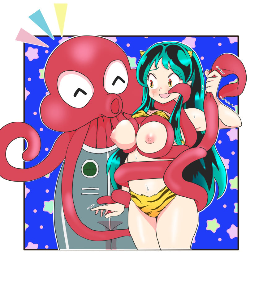 bikini breasts green_hair jamyang long_hair lum octopus orange_eyes pointy_ears tentacle topless urusei_yatsura