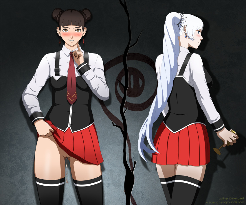 2girls academy_uniform_(bible_black) after_sex after_vaginal alternate_costume bible_black black_socks blunt_bangs boruto:_naruto_next_generations breasts brown_eyes brown_hair coup crossover cum cum_in_glass cum_in_pussy cum_inside cum_on_glass cumdrip double_bun earrings elec-ant female female_only glass goblet holding_object lifted_by_self long_hair mature mature_female multiple_girls nail_polish naruto naruto_(series) necktie no_panties ponytail rwby school_uniform schoolgirl shirt skirt skirt_lift socks stockings tenten thigh_socks thighhighs tied_hair twin_buns uniform vest weiss_schnee