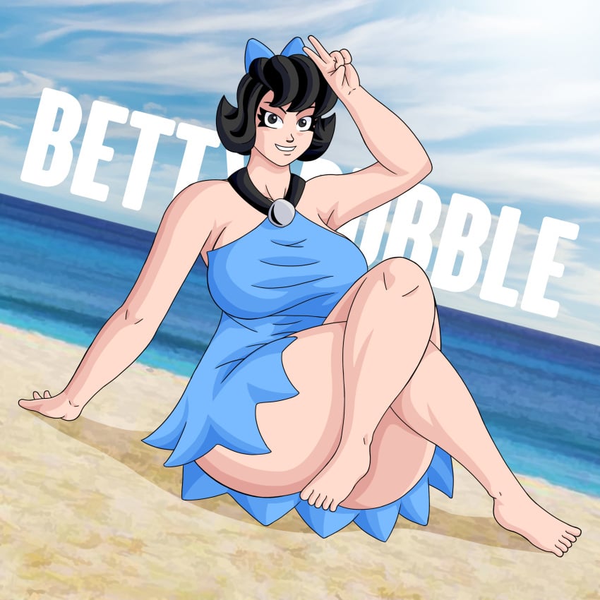 beach betty_rubble blue_bow clothed full_body futekablon hanna-barbera huge_breasts light-skinned_female light_skin short_hair smile the_flintstones