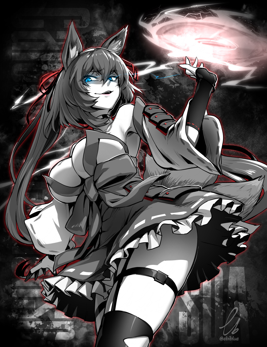 ass aura blue_eyes brown_hair caleen_keemosn cleavage commission detached_sleeves ebiblue evil_smile eyebrows_visible_through_hair female female_only fox_ear fox_girl fox_tail garter garter_belt garter_straps hair_ribbon huge_breasts impossible_clothes kemonomimi kitsunemimi looking_at_viewer looking_down_at_viewer miko multiple_tails runes signature star_ocean star_ocean_anamnesis text_in_background thick_thighs thighhighs twintails very_long_hair