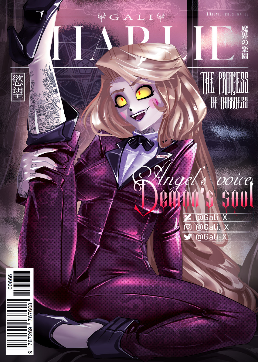 blonde_hair blonde_hair_female bowtie charlie_morningstar_(hazbin_hotel) clothed_female fangs female female_only gali-x hazbin_hotel high_heels magazine_cover posing red_suit suit tagme tattoos white-skinned_female white_skin white_skinned_female