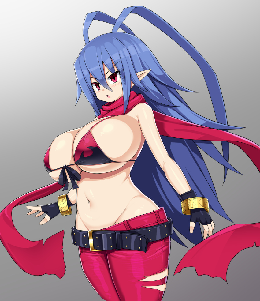 big_breasts bikini bikini_top blue_hair breasts canon_genderswap disgaea disgaea_d2 genderswap genderswap_(mtf) gigantic_breasts hips huge_breasts laharl laharl-chan large_breasts long_hair nippon_ichi_software rule_63 sawati torn_clothes