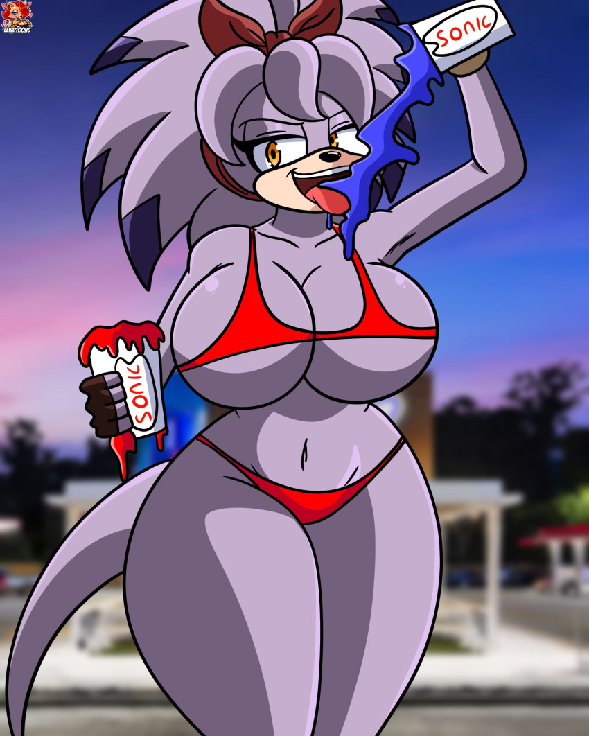 1girls 2020s 2023 animal_ears anthro bandicoot big_breasts bikini black_nose breasts cleavage commission curvy curvy_female curvy_figure drinking drinks female female_only fingerless_gloves fur furry headgear headwear lewdtoons long_hair long_tail mammal marsupial narrowed_eyes perci_the_bandicoot purple_body purple_fur purple_hair purple_skin red_bikini sega solo solo_female sonic_(series) sonic_boom sonic_the_hedgehog_(series) summer tail thick_thighs tongue_out two_tone_body two_tone_fur video_games wide_hips yellow_eyes