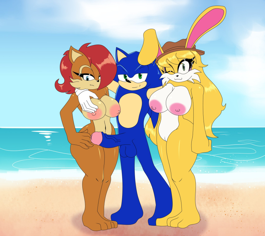 1boy 2023 2girls animal_ears anthro archie_comics arms_around_back arms_around_partner ass barefoot beach beach_background big_breasts big_penis black_nose blonde_hair blue_body blue_hair blue_skin breasts brown_body brown_fur brown_hair brown_skin bubble_ass bubble_butt bunnie_rabbot bunny bunny_ears bunny_girl casual chipmunk cleavage commission couple cowboy_hat curvaceous curvy curvy_figure eyelashes eyeshadow female fur furry gloves green_eyes ground_squirrel group hair_covering_eye hand_on_breast hand_on_hip hat hedgehog huge_breasts long_ears long_hair looking_at_viewer looking_down makeup male mammal naked narrowed_eyes nipples nude pink_nipples pussy rabbit rabbit_girl rodent sally_acorn sand sega short_hair smile sonic_(series) sonic_the_hedgehog sonic_the_hedgehog_(archie) sonic_the_hedgehog_(comics) sonic_the_hedgehog_(series) spiky_hair standing summer tail thick_thighs thighs threesome two_tone_body two_tone_fur vagina water wink yellow_body yellow_fur yellow_skin