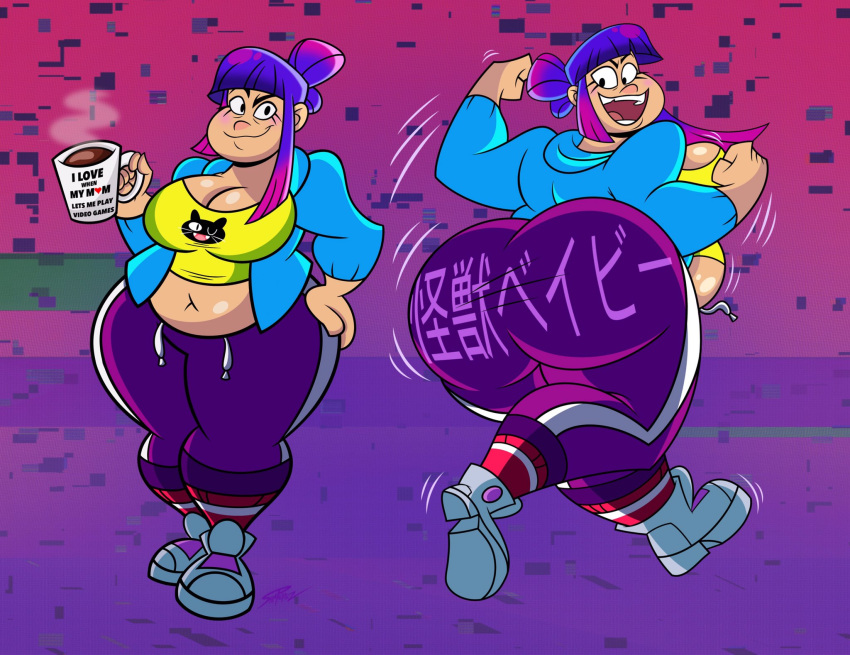 1girls 2023 5_fingers aged_up asian asian_female bbw big_ass big_breasts black_eyes blue_hoodie chipped_tooth chubby chubby_female coffee_mug cute glitch_techs hair_bun hairbun hoodie japanese_text looking_at_viewer looking_back magenta_socks mature_female miko_kubota milf mug netflix nickelodeon older pants purple_hair purple_pants samperez shirt sideboob sneakers socks tagme text_on_clothing text_on_pants translation_request two_tone_hair white_sneakers yellow_shirt