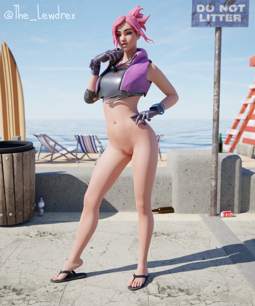 1girls 3d alternate_version_available beach beach_chair blender blurry blurry_background bottomless chair clothed clothing cloud clouds detailed_background epic_games female female_focus female_only flip_flops fortnite gloves half-dressed half_naked hand_on_waist handwear highres jacket lewdrex looking_at_viewer ocean ocean_(fortnite) outdoors outside pink_hair pose posing presenting presenting_pussy pussy pussy_lips pussy_peek sand sandals shadow sky solo solo_focus standing sun sunlight topwear vagina watermark