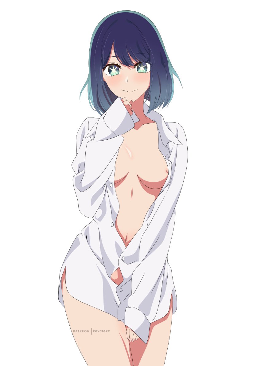 absurdres accurate_art_style blue_eyes blue_hair breasts commentary english_commentary female highres kevcrexx kurokawa_akane light_blue_hair long_sleeves looking_at_viewer medium_breasts medium_hair mixed-language_commentary navel nipple_slip nipples no_bra no_panties official_style open_clothes oshi_no_ko shirt simple_background solo star-shaped_pupils star_(symbol) star_in_eye symbol-shaped_pupils symbol_in_eye white_background white_shirt