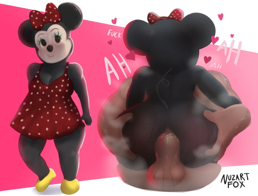 1boy 1girls anal anal_sex ass ass_grab black_body disney dress female lube minnie_mouse mouse mouse_girl nuzartfox penis ribbon shortstack straight