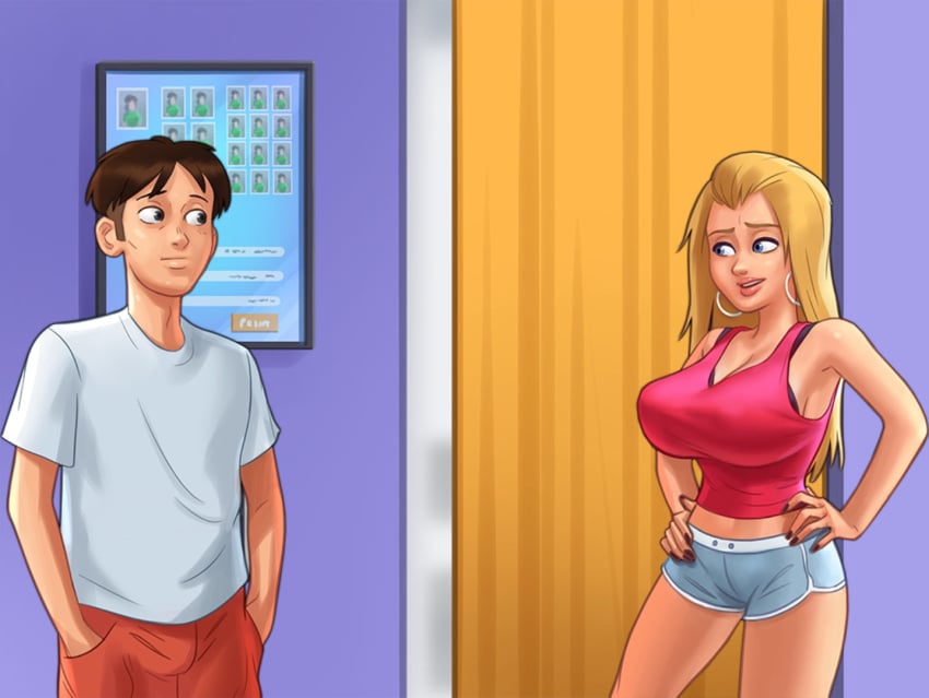 1boy 1girls 2d arm_behind_head big_breasts blonde_hair blue_eyes bottomwear bra breasts brown_hair cleavage clothed clothing darkcookie digital_drawing_(artwork) digital_media_(artwork) duo ear_piercing earrings eyebrows_raised female hand_on_waist light-skinned_female light-skinned_male light_skin long_hair looking_at_another looking_at_partner main_character_(summertime_saga) male male/female photobooth piercing piercings raised_eyebrow roxxy_(summertime_saga) shirt shorts standing summertime_saga tank_top topwear