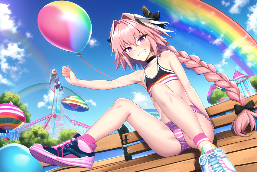 ai_generated amusement_park astolfo_(fate) balloons braid choker crop_top fate/apocrypha fate/grand_order fate_(series) femboy girly legs_apart novelai pink_eyes pink_hair sitting smile smiling sneakers striped_panties