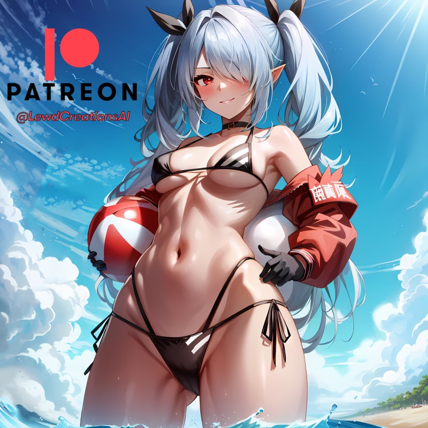 1girls ai_generated beach beach_ball blue_archive choker dark-skinned_female dark_skin elf female fringe gehenna_academy_student gloves iori_(blue_archive) iori_(swimsuit)_(blue_archive) lewdcreationsai looking_at_viewer looking_down navel pale-skinned_female petite pointy_ears prefect_team_(blue_archive) red_eyes seductive_eyes seductive_look shiromi_iori silver_hair small_breasts tagme teenager twintails viewed_from_below volleyball white_hair