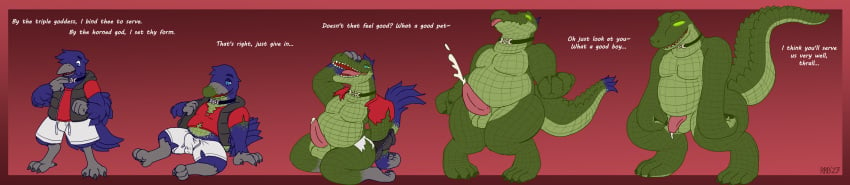 absurd_res avian bird brainwashing crocodile crocodilian crocodylid english_text good_boy growth hi_res hypnosis long_image male mc mind_control muscular overweight reptile run_rabbit_bounce scalie text transformation wide_image