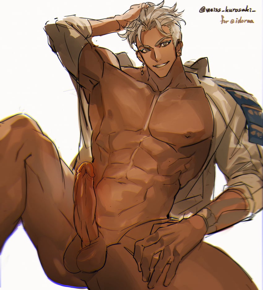 1boy abs absurdres armpits coat ear_piercing earrings erection f.t.p.h.d. gilgamesh_(f.t.p.h.d.) highres jewelry legacy_zechs looking_at_viewer male_focus male_only muscular muscular_male nipples nude open_clothes open_coat pectorals penis piercing single_earring smile testicles twitter_user_oc twitter_username weiss_kurosaki white_coat white_hair