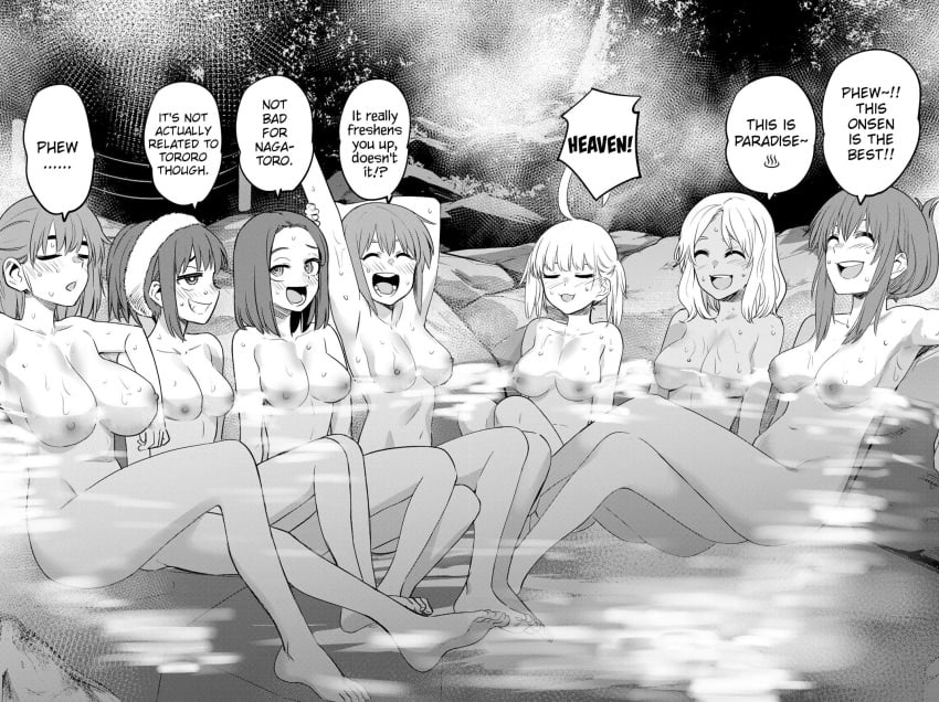 774_(nanashi) 7girls areolae asaka_(nagatoro) bath big_breasts blonde_hair blush breasts cleavage closed_eyes curvy edit english_text female_only fujimin_(nagatoro) gamo-chan long_hair manga_page medium_breasts medium_hair multiple_girls naked navel night nipples onsen open_mouth orihara_(nagatoro) please_don't_bully_me,_nagatoro sakura_(nagatoro) shikki_(nagatoro) smile steam sweat tan tan_skin tanned text thick_thighs wide_hips yoshi_(nagatoro)